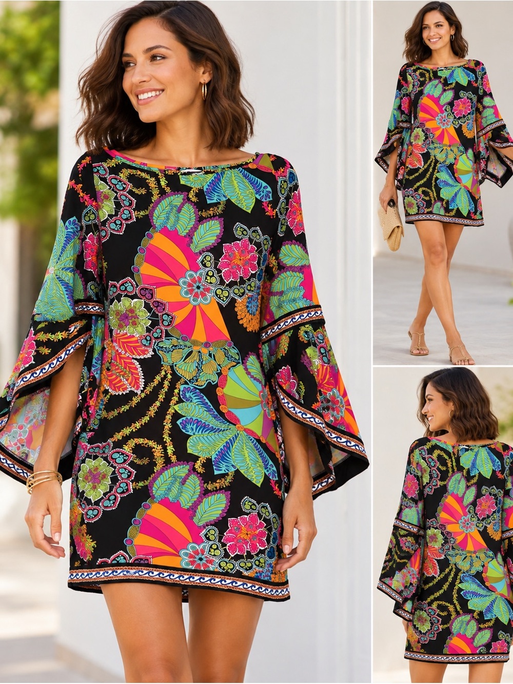 Trina Turk Colorful Floral Bell Sleeve Tunic Mini Dress M